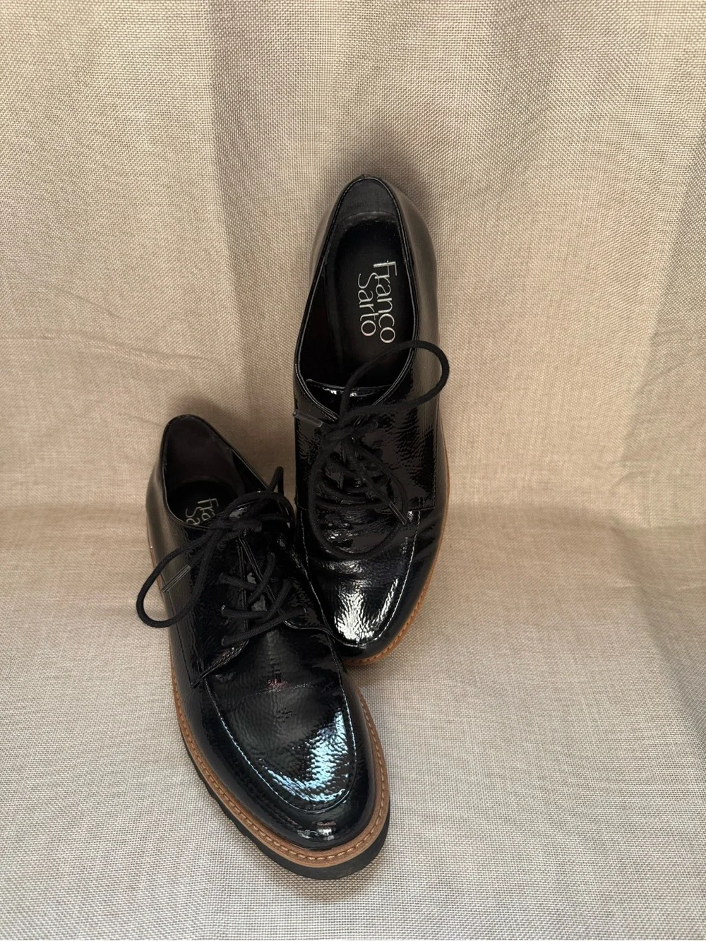 Franco Sarto Black Patent Leather Derby with Tan Welt